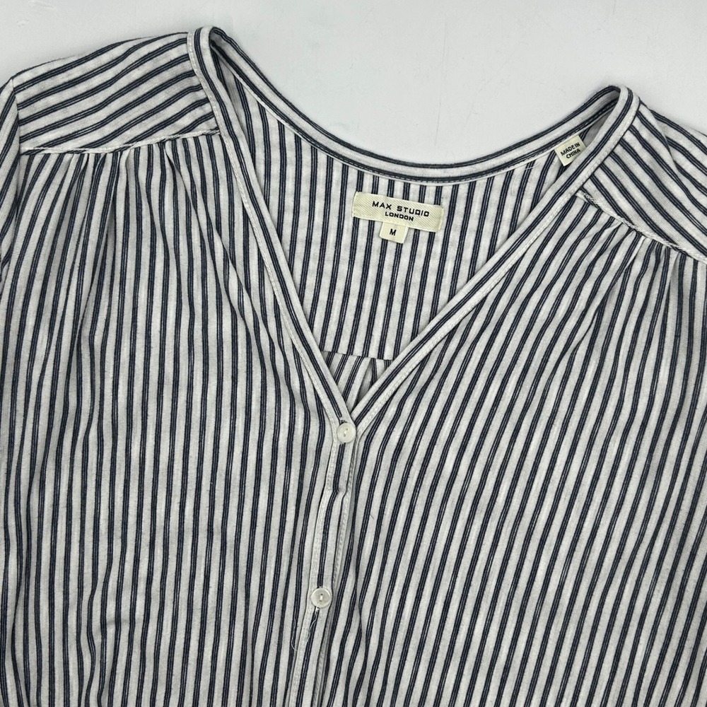 Max Studio Blouse Navy White Women Medium M Med Striped Roll‎ Tab Tie Front EUC